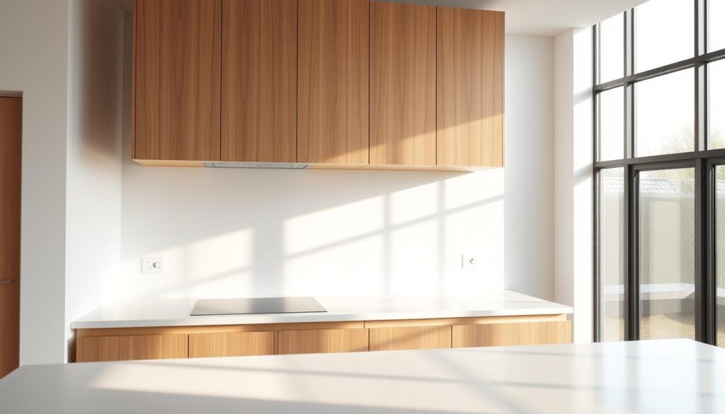 A minimalist kitchen with sleek, floating wooden cabinets suspended effortlessly above a smooth white countertop. Soft, diffused light cascades through large windows, casting a warm glow on the clean, uncluttered space. The cabinets appear to defy gravity, their edges seamlessly integrated into the wall, creating an illusion of weightlessness. Streamlined hardware and a subtle, natural wood grain texture add depth and texture to the design. The overall atmosphere is one of serene simplicity, highlighting the clever use of space and the clever storage solution.