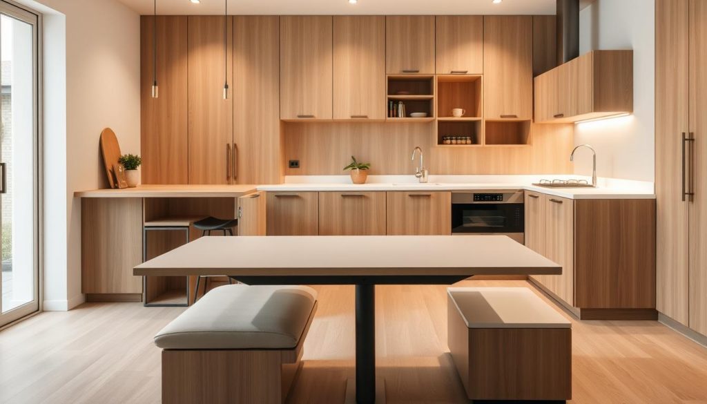 A minimalist kitchen with sleek, space-saving furniture designs. In the foreground, a compact dining table with a bench that slides underneath, maximizing floor space. In the middle ground, a multifunctional island with built-in storage and a hideaway cooking surface. The background features a wall-mounted shelving unit with adjustable, sliding compartments. The lighting is soft and warm, creating a cozy, inviting atmosphere. The camera angle is slightly elevated, capturing the efficient, streamlined layout of the space.