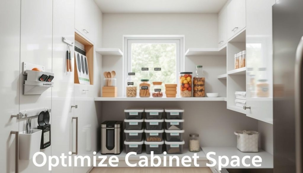 A minimalist kitchen with sleek, white cabinets and shelves neatly organized. The foreground showcases a variety of compact storage solutions, including a pull-out spice rack, a mounted utensil holder, and a hidden trash can. The middle ground features stacked food containers and labeled bins, maximizing vertical space. In the background, a window allows natural light to filter in, creating a bright and airy atmosphere. The overall composition emphasizes efficient organization and a clean, uncluttered aesthetic, perfectly capturing the essence of "Optimize Cabinet Space".