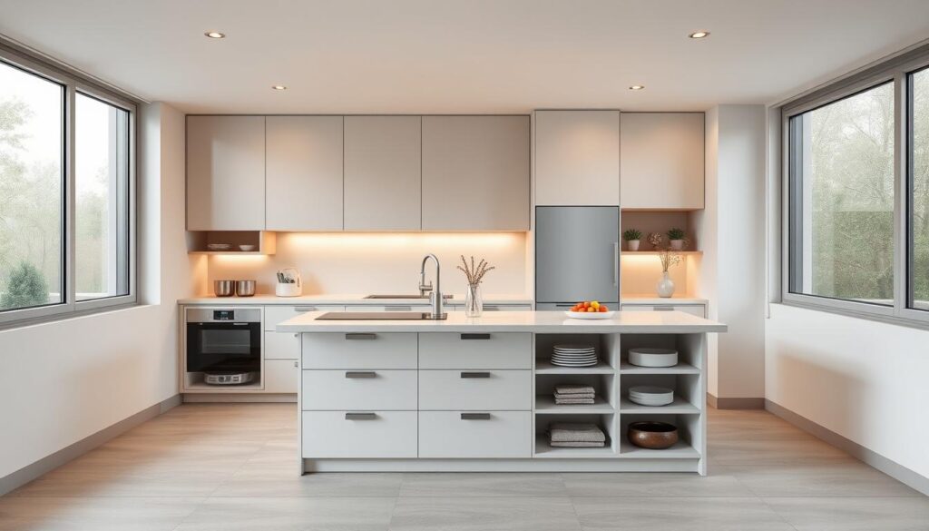 A minimalist, well-designed multi-functional kitchen island with sleek, clean lines and a neutral color palette. The island features multiple storage compartments, drawers, and shelves, providing ample space for kitchen essentials. The top surface doubles as a food preparation area and dining table, with a built-in induction cooktop for seamless meal preparation. Soft, diffused lighting from recessed ceiling fixtures creates a warm, inviting ambiance, while large windows flood the space with natural light. The overall aesthetic is modern, efficient, and space-saving, perfectly suited for a small kitchen layout.