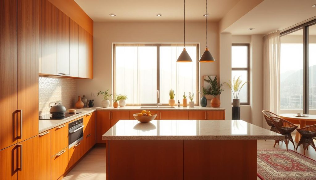 A modern Indian kitchen with a vibrant, contemporary aesthetic. The foreground features sleek, minimalist cabinets in a rich, earthy tone, complemented by a striking metallic backsplash that reflects the warm, natural lighting. The middle ground showcases a central island with a smooth, granite countertop, providing ample workspace and a touch of elegance. In the background, large windows flood the space with soft, diffused sunlight, casting a serene, inviting ambiance. Decorative elements, such as potted plants and modern, geometric-patterned textiles, add a touch of traditional Indian flair, blending seamlessly with the overall modern design. A modern Indian kitchen with a vibrant, contemporary aesthetic. The foreground features sleek, minimalist cabinets in a rich, earthy tone, complemented by a striking metallic backsplash that reflects the warm, natural lighting. The middle ground showcases a central island with a smooth, granite countertop, providing ample workspace and a touch of elegance. In the background, large windows flood the space with soft, diffused sunlight, casting a serene, inviting ambiance. Decorative elements, such as potted plants and modern, geometric-patterned textiles, add a touch of traditional Indian flair, blending seamlessly with the overall modern design.