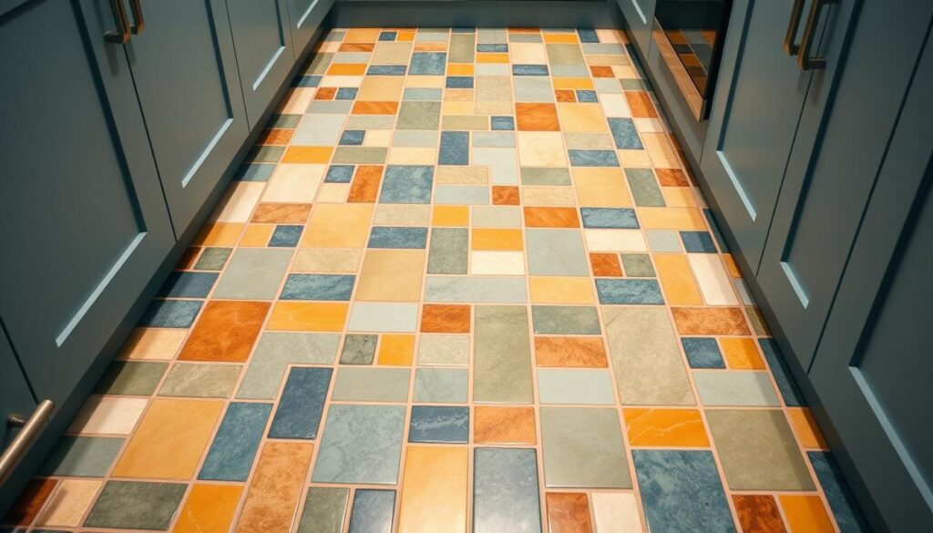 A modern and stylish kitchen floor, featuring a vibrant mosaic tile pattern in a harmonious color palette of deep blue, sage green, and warm ochre. The tiles are arranged in a geometric, interlocking design that creates a visually striking and contemporary look. The lighting is soft and diffused, casting a warm glow across the floor and highlighting the subtle variations in the tile hues. The overall atmosphere is one of sophistication and timeless elegance, perfectly complementing a small, cozy kitchen space.