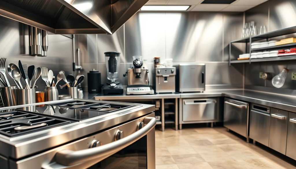 A modern commercial kitchen, filled with stainless steel appliances and gleaming surfaces. In the foreground, a high-end convection oven with digital controls, surrounded by a range of sleek utensils and cooking tools. In the middle ground, a powerful blender, a commercial-grade food processor, and an espresso machine with a polished chrome finish. In the background, a spacious stainless steel worktop, clean and organized, with a professional-grade dishwasher and a row of gleaming metal shelves stocked with essential ingredients. The lighting is bright and even, casting a warm glow over the scene, creating a functional yet stylish atmosphere. A modern commercial kitchen, filled with stainless steel appliances and gleaming surfaces. In the foreground, a high-end convection oven with digital controls, surrounded by a range of sleek utensils and cooking tools. In the middle ground, a powerful blender, a commercial-grade food processor, and an espresso machine with a polished chrome finish. In the background, a spacious stainless steel worktop, clean and organized, with a professional-grade dishwasher and a row of gleaming metal shelves stocked with essential ingredients. The lighting is bright and even, casting a warm glow over the scene, creating a functional yet stylish atmosphere.