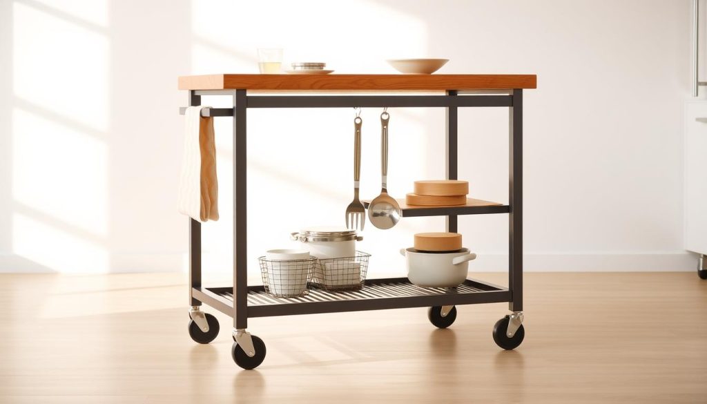 A modern kitchen island on wheels, its sleek wooden top and sturdy metal frame creating a functional yet stylish centerpiece. Positioned against a bright, minimalist backdrop, the island is bathed in warm, natural lighting, casting a cozy glow. The wheels allow for easy mobility, making it a versatile and budget-friendly solution for small single-wall kitchens. Subtle design details, such as a hanging rack for utensils, add to its practicality. The overall atmosphere is one of clean, uncluttered efficiency, perfect for illustrating a section on functional and affordable kitchen islands.