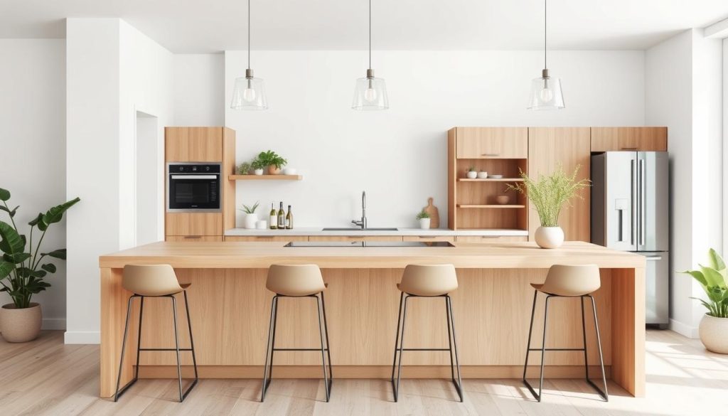A modern, minimalist kitchen bar layout with a sleek, L-shaped counter made of light-colored wood. The bar top features a simple, clean design, complemented by minimalist bar stools in a muted palette. The background showcases a bright, airy kitchen with white walls, pendant lighting, and hints of natural greenery for a fresh, inviting atmosphere. The overall composition emphasizes clean lines, efficient space utilization, and a harmonious balance between function and aesthetics, creating a visually appealing and practical small kitchen bar setup. A modern, minimalist kitchen bar layout with a sleek, L-shaped counter made of light-colored wood. The bar top features a simple, clean design, complemented by minimalist bar stools in a muted palette. The background showcases a bright, airy kitchen with white walls, pendant lighting, and hints of natural greenery for a fresh, inviting atmosphere. The overall composition emphasizes clean lines, efficient space utilization, and a harmonious balance between function and aesthetics, creating a visually appealing and practical small kitchen bar setup.
