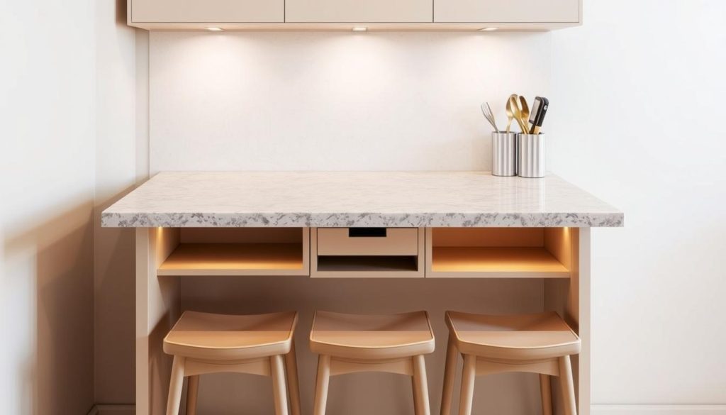A modern, minimalist kitchen bar with a sleek, space-saving design. The bar's surface is a gleaming granite or quartz slab, seamlessly integrated into the surrounding countertop. Beneath, a compact arrangement of open shelves and drawers provide hidden storage, optimizing the limited space. Subtle task lighting illuminates the bar's clean lines, creating a warm, inviting atmosphere. The bar is positioned against a neutral-toned backsplash, allowing the design to take center stage. Streamlined stools in a complementary finish nestle neatly under the bar, ready to be pulled out when needed. The overall impression is one of efficient, stylish functionality - a perfect solution for the small kitchen. A modern, minimalist kitchen bar with a sleek, space-saving design. The bar's surface is a gleaming granite or quartz slab, seamlessly integrated into the surrounding countertop. Beneath, a compact arrangement of open shelves and drawers provide hidden storage, optimizing the limited space. Subtle task lighting illuminates the bar's clean lines, creating a warm, inviting atmosphere. The bar is positioned against a neutral-toned backsplash, allowing the design to take center stage. Streamlined stools in a complementary finish nestle neatly under the bar, ready to be pulled out when needed. The overall impression is one of efficient, stylish functionality - a perfect solution for the small kitchen.