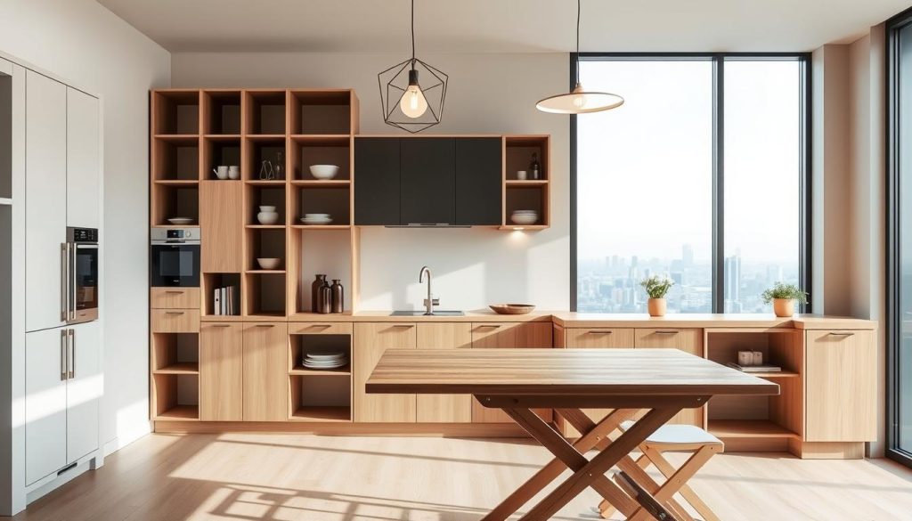A modern, minimalist kitchen interior with multi-functional furniture pieces in a soft, natural color palette. In the foreground, a sleek, wooden dining table with foldable sides doubles as a workspace. Behind it, a modular shelving unit with adjustable compartments for storage and display. Overhead, a pendant lamp with a simple, geometric design casts a warm, ambient light. In the background, large windows overlook a serene, urban landscape, creating a sense of openness and tranquility. The scene conveys an efficient, yet stylish solution for small kitchens, blending form and function seamlessly. A modern, minimalist kitchen interior with multi-functional furniture pieces in a soft, natural color palette. In the foreground, a sleek, wooden dining table with foldable sides doubles as a workspace. Behind it, a modular shelving unit with adjustable compartments for storage and display. Overhead, a pendant lamp with a simple, geometric design casts a warm, ambient light. In the background, large windows overlook a serene, urban landscape, creating a sense of openness and tranquility. The scene conveys an efficient, yet stylish solution for small kitchens, blending form and function seamlessly.