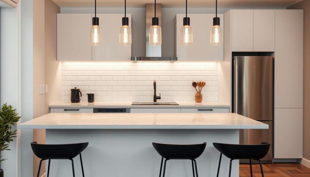 A modern, minimalist small kitchen bar design, featuring clean lines and a sleek, contemporary aesthetic. The bar top is a smooth, light-colored marble or quartz surface, complemented by matte black metal bar stools with minimalist silhouettes. The bar is situated against a white subway tile backsplash, illuminated by a row of modern, cylindrical pendant lights that cast a warm, ambient glow. The kitchen cabinets and appliances are streamlined and integrated, creating a seamless, uncluttered appearance. The overall atmosphere is one of sophistication and functionality, perfect for a cozy, intimate setting. A modern, minimalist small kitchen bar design, featuring clean lines and a sleek, contemporary aesthetic. The bar top is a smooth, light-colored marble or quartz surface, complemented by matte black metal bar stools with minimalist silhouettes. The bar is situated against a white subway tile backsplash, illuminated by a row of modern, cylindrical pendant lights that cast a warm, ambient glow. The kitchen cabinets and appliances are streamlined and integrated, creating a seamless, uncluttered appearance. The overall atmosphere is one of sophistication and functionality, perfect for a cozy, intimate setting.