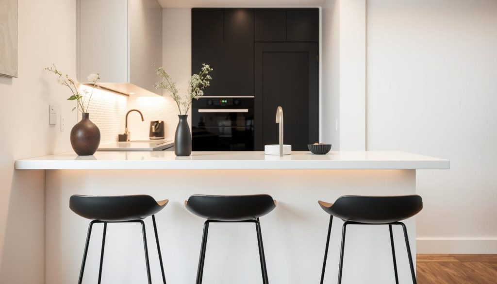 A modern, minimalist small kitchen bar with a sleek, white countertop and matte black metal stools. The bar is integrated into the kitchen cabinetry, creating a seamless and functional flow. Soft, warm lighting illuminates the space, casting a cozy glow. The bar is adorned with a few carefully selected accessories, such as a modern vase with fresh flowers and a small ceramic dish for holding keys or other trinkets. The background features clean, white walls and a subtle, textured backsplash that complements the overall aesthetic. The scene conveys a sense of simplicity, organization, and a focus on essential, high-quality elements. A modern, minimalist small kitchen bar with a sleek, white countertop and matte black metal stools. The bar is integrated into the kitchen cabinetry, creating a seamless and functional flow. Soft, warm lighting illuminates the space, casting a cozy glow. The bar is adorned with a few carefully selected accessories, such as a modern vase with fresh flowers and a small ceramic dish for holding keys or other trinkets. The background features clean, white walls and a subtle, textured backsplash that complements the overall aesthetic. The scene conveys a sense of simplicity, organization, and a focus on essential, high-quality elements.