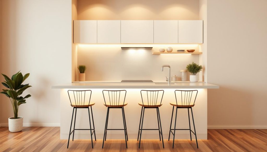 A modern, minimalist small kitchen bar with clean lines, a sleek countertop, and well-placed lighting. The bar stools are simple, contemporary designs that complement the kitchen's overall aesthetic. The scene is bathed in warm, diffused lighting, creating a cozy and inviting atmosphere. The background features a subtle, neutral-toned wall, allowing the kitchen bar to take center stage. The entire composition is captured at a slightly elevated angle, highlighting the ergonomic design and functional layout of the kitchen bar setup. A modern, minimalist small kitchen bar with clean lines, a sleek countertop, and well-placed lighting. The bar stools are simple, contemporary designs that complement the kitchen's overall aesthetic. The scene is bathed in warm, diffused lighting, creating a cozy and inviting atmosphere. The background features a subtle, neutral-toned wall, allowing the kitchen bar to take center stage. The entire composition is captured at a slightly elevated angle, highlighting the ergonomic design and functional layout of the kitchen bar setup.