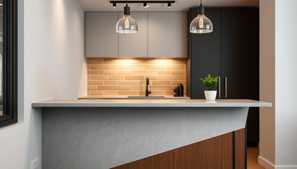 A modern, minimalist small kitchen bar with sleek, angular lines and a neutral color palette. The bar counter is made of smooth, grey quartz with a simple, black metal frame. The background features a tiled backsplash in a warm, earthy tone, creating a cozy and inviting atmosphere. Subtle pendant lighting casts a soft, ambient glow, highlighting the clean and uncluttered design. The kitchen area is visible in the distance, seamlessly integrated with the bar space. The overall composition conveys a sense of functionality, sophistication, and efficient use of a compact space. A modern, minimalist small kitchen bar with sleek, angular lines and a neutral color palette. The bar counter is made of smooth, grey quartz with a simple, black metal frame. The background features a tiled backsplash in a warm, earthy tone, creating a cozy and inviting atmosphere. Subtle pendant lighting casts a soft, ambient glow, highlighting the clean and uncluttered design. The kitchen area is visible in the distance, seamlessly integrated with the bar space. The overall composition conveys a sense of functionality, sophistication, and efficient use of a compact space.