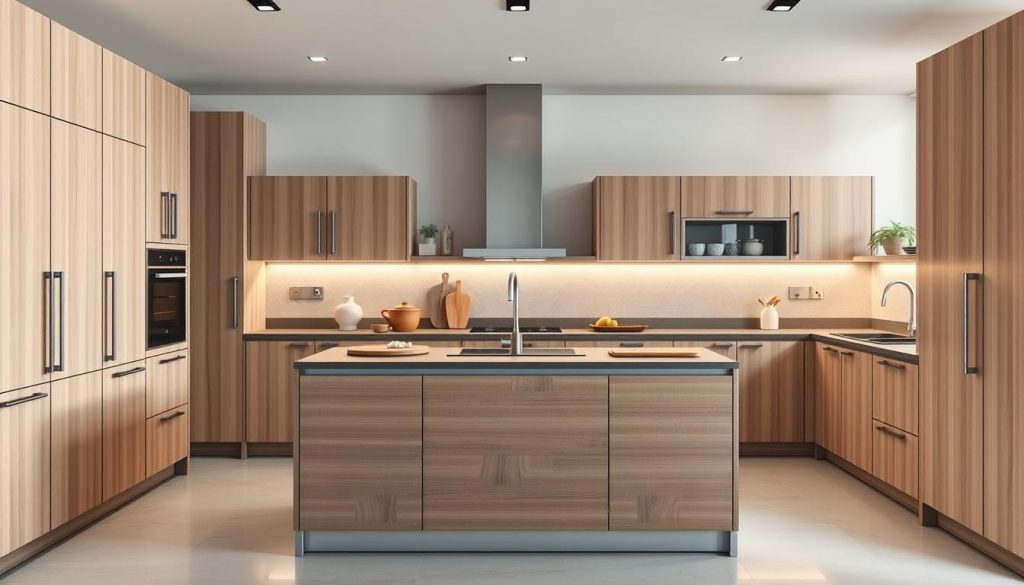 A modern, sleek modular kitchen arrangement featuring a variety of high-quality components. In the foreground, a set of modular cabinets in a light wood finish, with clean lines and minimalist hardware. In the middle ground, a modular countertop system with built-in cutting boards and a sink. In the background, a modular backsplash system with integrated lighting, creating a warm, inviting atmosphere. The kitchen is bathed in soft, diffused natural light, captured with a wide-angle lens to showcase the overall layout and design. The mood is one of efficiency, sophistication, and adaptability, reflecting the versatility of the modular kitchen concept.
