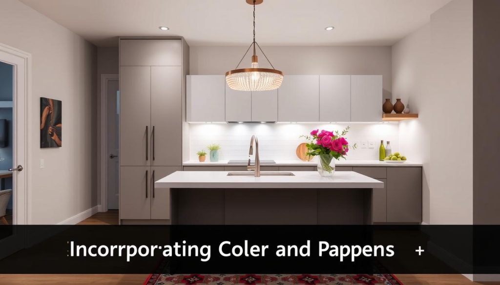 A modern small kitchen island with a sleek, minimalist design, illuminated by a stunning pendant light fixture. The island features a white quartz countertop and clean, gray cabinetry, complemented by vibrant pops of color in the form of a patterned area rug and a vase of fresh flowers. The lighting casts a warm, ambient glow, creating a cozy and inviting atmosphere. The overall scene exudes a sense of sophistication and style, perfectly embodying the "Incorporating Color and Patterns" theme. A modern small kitchen island with a sleek, minimalist design, illuminated by a stunning pendant light fixture. The island features a white quartz countertop and clean, gray cabinetry, complemented by vibrant pops of color in the form of a patterned area rug and a vase of fresh flowers. The lighting casts a warm, ambient glow, creating a cozy and inviting atmosphere. The overall scene exudes a sense of sophistication and style, perfectly embodying the "Incorporating Color and Patterns" theme.