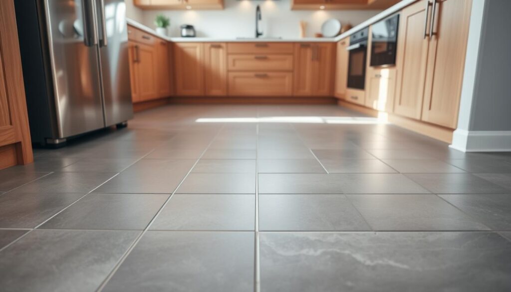 A modern, well-lit kitchen with a stylish tile floor. The tiles are square-shaped, with a sleek, glossy finish in a cool gray hue. They are arranged in a subtle, geometric pattern that adds visual interest to the space. The tile is accented by warm, natural wood cabinets and a bright, white backsplash, creating a harmonious and inviting atmosphere. The lighting is soft and diffused, casting a gentle glow over the kitchen. The camera angle is slightly elevated, allowing for a clear view of the striking tile design that anchors the space.