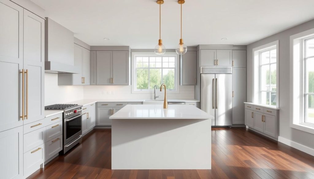 A modern, well-lit kitchen with sleek, minimalist cabinets in a soft gray tone. The countertops are a matte white quartz, contrasting beautifully with the dark hardwood floors. Suspended above the island are three modern pendant lights with brass accents, casting a warm glow over the space. The backsplash features clean, rectangular tiles in a light, neutral shade. Large windows on the far wall allow natural light to flood the room, making it feel airy and inviting. Streamlined appliances in stainless steel finish off the contemporary, high-end aesthetic.