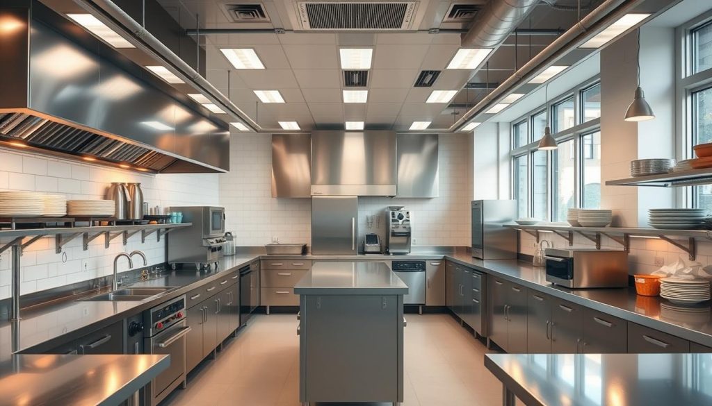 A modern, well-organized commercial kitchen layout with strategic placement of key elements. Stainless steel countertops, efficient workflow, and ample storage spaces are the focal points. Overhead lighting casts a warm, inviting glow, while large windows allow natural light to flood the space. Appliances are neatly arranged, with a central island for food preparation. The layout emphasizes space optimization through clever zoning and minimalist design, creating a harmonious and productive culinary environment. A modern, well-organized commercial kitchen layout with strategic placement of key elements. Stainless steel countertops, efficient workflow, and ample storage spaces are the focal points. Overhead lighting casts a warm, inviting glow, while large windows allow natural light to flood the space. Appliances are neatly arranged, with a central island for food preparation. The layout emphasizes space optimization through clever zoning and minimalist design, creating a harmonious and productive culinary environment.