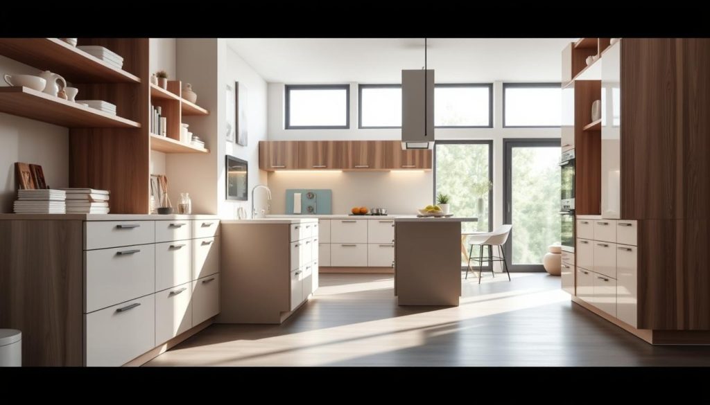 A modern, well-organized kitchen featuring sleek, multi-functional furniture pieces. In the foreground, a stylish cabinet with integrated shelving and drawers, its clean lines and neutral tones complementing the surrounding decor. In the middle ground, a versatile kitchen island with a minimalist design, offering ample storage and workspace. The background showcases a bright, airy kitchen, with large windows flooding the space with natural light and creating a sense of openness. The overall scene conveys a harmonious, efficient, and visually appealing atmosphere, perfect for small-space living.