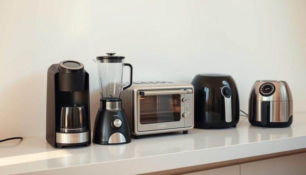 A neatly arranged collection of compact kitchen appliances rests on a minimalist white countertop, illuminated by warm, natural lighting. In the foreground, a sleek coffee maker, a compact blender, and a diminutive food processor sit side by side, their streamlined designs complementing the overall aesthetic. In the middle ground, a space-saving toaster oven and a diminutive air fryer stand ready to tackle a variety of culinary tasks. The background features a clean, uncluttered wall, creating a sense of balance and focus on the featured appliances. The overall mood is one of efficiency, organization, and a deliberate approach to maximizing limited kitchen space.