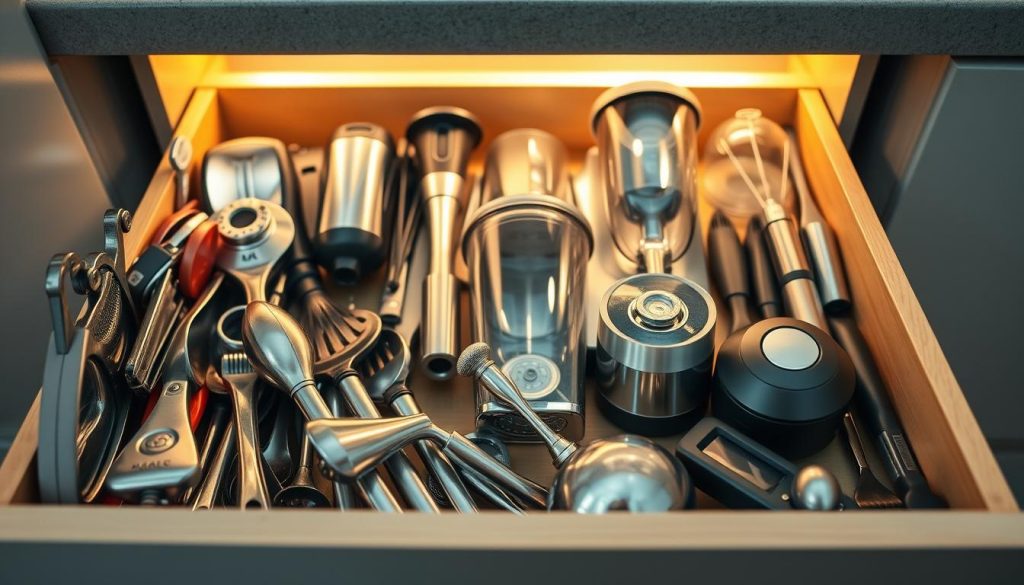 A neatly organized kitchen drawer displaying an assortment of gleaming metal and plastic kitchen gadgets arranged in a visually pleasing manner. The foreground features a collection of essential tools such as a garlic press, vegetable peeler, can opener, and various kitchen utensils, all carefully positioned to create a harmonious composition. The middle ground showcases a range of small appliances, including a hand mixer, a cordless immersion blender, and a compact food processor, all nestled within the drawer. The background subtly hints at the surrounding kitchen environment, with a soft, warm lighting that casts a gentle glow over the organized gadgets, creating a sense of functionality and order. The overall atmosphere conveys a feeling of efficiency and kitchen mastery. A neatly organized kitchen drawer displaying an assortment of gleaming metal and plastic kitchen gadgets arranged in a visually pleasing manner. The foreground features a collection of essential tools such as a garlic press, vegetable peeler, can opener, and various kitchen utensils, all carefully positioned to create a harmonious composition. The middle ground showcases a range of small appliances, including a hand mixer, a cordless immersion blender, and a compact food processor, all nestled within the drawer. The background subtly hints at the surrounding kitchen environment, with a soft, warm lighting that casts a gentle glow over the organized gadgets, creating a sense of functionality and order. The overall atmosphere conveys a feeling of efficiency and kitchen mastery.