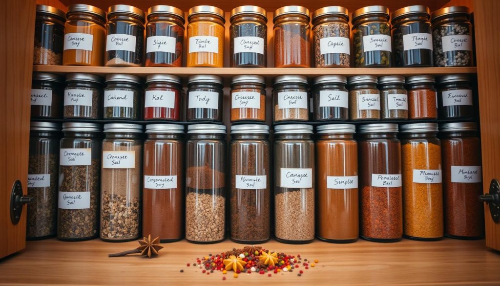 A neatly organized spice cabinet with clear glass jars filled with an array of colorful spices, herbs, and seasonings. The jars are arranged in neat rows, each one labeled with a handwritten tag on a simple white label. The cabinet is bathed in warm, soft lighting, casting a cozy glow over the contents. The shelves are made of natural wood, complementing the earthy tones of the spices. In the foreground, a few loose spices are sprinkled across the cabinet's surface, adding a touch of artful styling. The overall scene exudes a sense of order, efficiency, and culinary inspiration. A neatly organized spice cabinet with clear glass jars filled with an array of colorful spices, herbs, and seasonings. The jars are arranged in neat rows, each one labeled with a handwritten tag on a simple white label. The cabinet is bathed in warm, soft lighting, casting a cozy glow over the contents. The shelves are made of natural wood, complementing the earthy tones of the spices. In the foreground, a few loose spices are sprinkled across the cabinet's surface, adding a touch of artful styling. The overall scene exudes a sense of order, efficiency, and culinary inspiration.