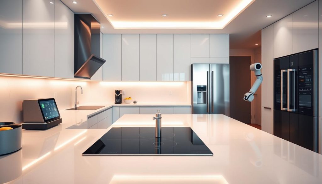 A sleek and minimalist modern kitchen, bathed in warm, diffused lighting from recessed LED fixtures. The focal point is a state-of-the-art induction cooktop with precise temperature control, flanked by a high-tech smart oven and a voice-activated digital assistant. The countertops are a seamless expanse of gleaming quartz, punctuated by a futuristic coffee machine and a touchscreen display for recipes and kitchen management. In the background, a streamlined refrigerator and a robotic arm for automated food prep complete the vision of a kitchen that harmoniously blends cutting-edge technology and elegant design. A sleek and minimalist modern kitchen, bathed in warm, diffused lighting from recessed LED fixtures. The focal point is a state-of-the-art induction cooktop with precise temperature control, flanked by a high-tech smart oven and a voice-activated digital assistant. The countertops are a seamless expanse of gleaming quartz, punctuated by a futuristic coffee machine and a touchscreen display for recipes and kitchen management. In the background, a streamlined refrigerator and a robotic arm for automated food prep complete the vision of a kitchen that harmoniously blends cutting-edge technology and elegant design.