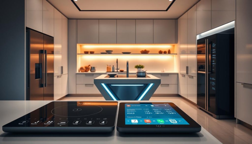 A sleek and modern kitchen with a range of smart appliances seamlessly integrated into the minimalist design. In the foreground, a high-tech touchscreen display controls a suite of connected devices - a self-adjusting induction cooktop, an intuitive voice-activated fridge, and a precision oven with automated temperature and timing settings. The middle ground features a futuristic kitchen island with a built-in interactive tablet, allowing the user to browse recipes, monitor energy usage, and schedule appliance maintenance. In the background, the kitchen is bathed in a warm, ambient lighting that highlights the clean lines and metallic accents of the smart technologies. The overall atmosphere conveys a sense of efficiency, convenience, and technological sophistication. A sleek and modern kitchen with a range of smart appliances seamlessly integrated into the minimalist design. In the foreground, a high-tech touchscreen display controls a suite of connected devices - a self-adjusting induction cooktop, an intuitive voice-activated fridge, and a precision oven with automated temperature and timing settings. The middle ground features a futuristic kitchen island with a built-in interactive tablet, allowing the user to browse recipes, monitor energy usage, and schedule appliance maintenance. In the background, the kitchen is bathed in a warm, ambient lighting that highlights the clean lines and metallic accents of the smart technologies. The overall atmosphere conveys a sense of efficiency, convenience, and technological sophistication.