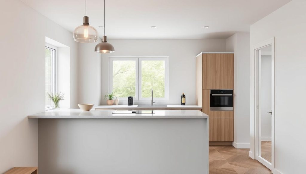 A sleek, modern small kitchen with a soothing color palette of soft grays, whites, and wood tones. The foreground features a minimalist kitchen island with clean lines and a quartz countertop. Overhead, pendant lights with a metallic finish cast a warm, ambient glow. In the middle ground, a compact but efficient single wall layout with streamlined cabinetry and appliances. The background showcases a large window, allowing natural light to flood the space and create a bright, airy atmosphere. The overall mood is one of elegant simplicity, where function and style seamlessly converge in a harmonious small kitchen design.