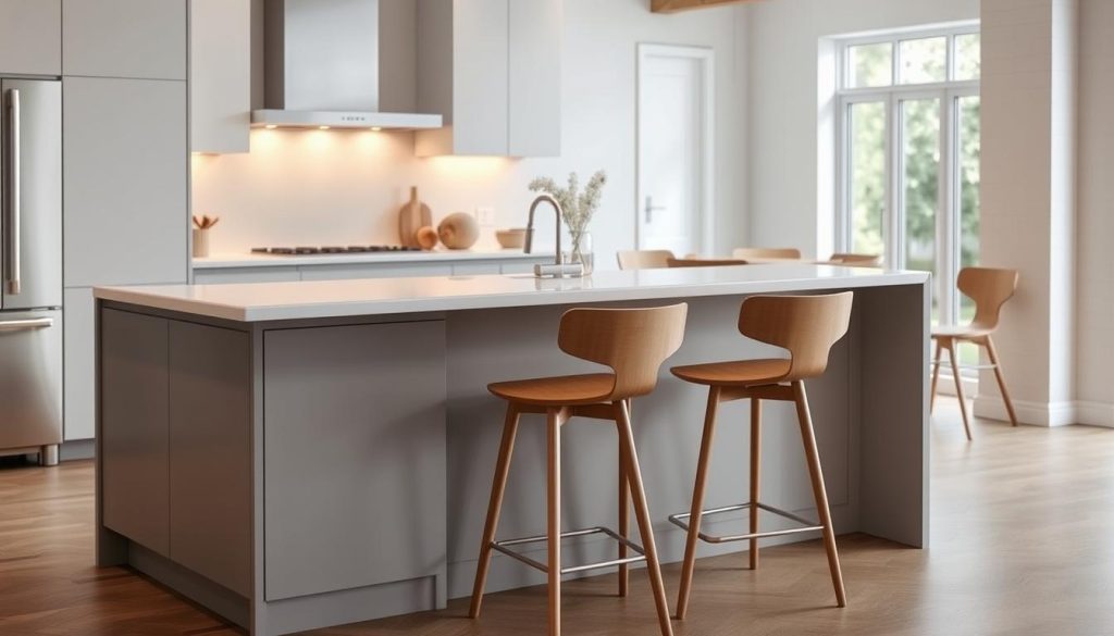 A small, modern kitchen island with a sleek, L-shaped bar top, illuminated by soft, warm lighting from above. The island features a clean, white quartz countertop, complemented by a minimalist, gray cabinetry. The bar stools are minimalist, with simple, curved lines in a light wood tone, creating a cozy and inviting atmosphere. The background is a bright, airy kitchen with white walls, natural wood accents, and a large window letting in ample natural light. A small, modern kitchen island with a sleek, L-shaped bar top, illuminated by soft, warm lighting from above. The island features a clean, white quartz countertop, complemented by a minimalist, gray cabinetry. The bar stools are minimalist, with simple, curved lines in a light wood tone, creating a cozy and inviting atmosphere. The background is a bright, airy kitchen with white walls, natural wood accents, and a large window letting in ample natural light.