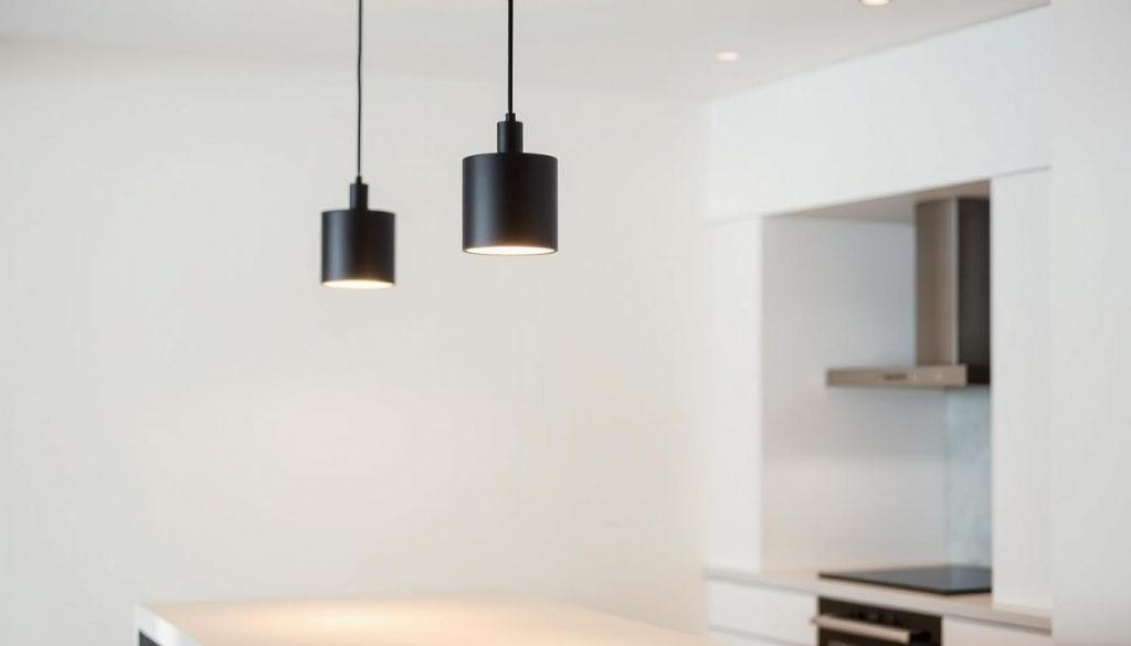 A small, modern kitchen island with three sleek pendant lights hanging overhead. The pendant lights have a minimal, cylindrical design with a matte black finish, casting a warm, ambient glow over the island's smooth, light-colored countertop. The kitchen walls are painted a soft, neutral tone, creating a clean and airy atmosphere. The pendant lights are positioned at different heights, adding visual interest and depth to the scene. The overall lighting setup is designed to highlight the island's function as a central gathering and work space in the kitchen. A small, modern kitchen island with three sleek pendant lights hanging overhead. The pendant lights have a minimal, cylindrical design with a matte black finish, casting a warm, ambient glow over the island's smooth, light-colored countertop. The kitchen walls are painted a soft, neutral tone, creating a clean and airy atmosphere. The pendant lights are positioned at different heights, adding visual interest and depth to the scene. The overall lighting setup is designed to highlight the island's function as a central gathering and work space in the kitchen.