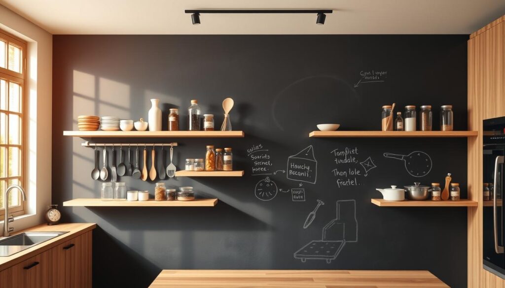 A spacious kitchen with a chalkboard wall, illuminated by warm, natural lighting from large windows. The chalkboard surface spans the entire wall, providing ample space for writing notes, recipes, or doodles. Sleek, minimalist shelves are mounted on the chalkboard, displaying various cooking utensils, spice jars, and other kitchen essentials. The shelves are made of light-colored wood, creating a visually pleasing contrast against the dark chalkboard backdrop. The overall atmosphere is cozy, inviting, and encourages culinary creativity and organization.