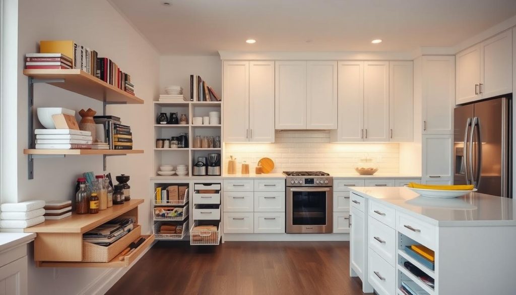A spacious, well-lit kitchen with clever storage solutions. In the foreground, a wall-mounted shelving unit holds a variety of cookbooks, spices, and small appliances. The middle ground features a pullout pantry and an array of organized drawers and cabinets. In the background, a minimalist kitchen island with built-in storage and a sleek, stainless steel refrigerator complement the clean, modern aesthetic. The overall mood is one of efficiency and practicality, with a focus on maximizing space and keeping the kitchen clutter-free. Soft, diffused lighting and a neutral color palette create a serene, inviting atmosphere.