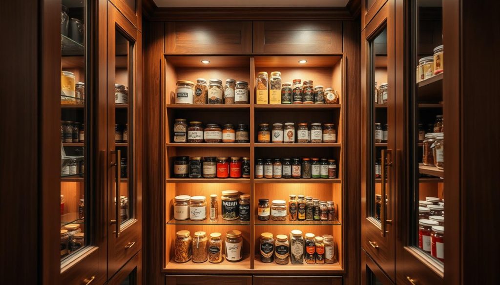 A stylish and functional pantry interior with elegant wooden cabinets, sleek glass-fronted doors, and modern brass hardware. Warm ambient lighting casts a cozy glow, illuminating the meticulously organized shelves stocked with colorful jars, spices, and other kitchen essentials. The overall design blends classic and contemporary elements, creating a harmonious and visually appealing space that serves as an inspiration for small kitchen pantry design.