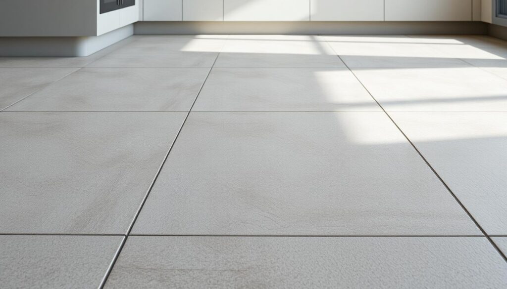 A stylish kitchen floor with textured tiles that add visual interest and depth. The tiles feature a subtle geometric pattern with a matte finish, creating a modern, minimalist aesthetic. The lighting is soft and diffused, casting gentle shadows that accentuate the texture and highlights the tiles' unique surface. The camera angle is slightly elevated, providing a perspective that showcases the clean, linear layout of the tiles and their harmonious integration into the overall kitchen design.