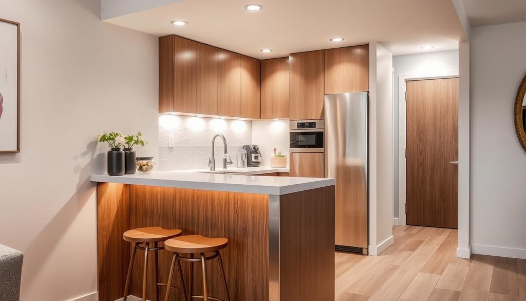 A stylish small kitchen bar with a sleek, modern design. The bar is made of a combination of materials, such as natural wood, brushed metal, and smooth marble or quartz countertop. The lighting is a mix of task lighting over the bar and ambient lighting from recessed fixtures, creating a warm and inviting atmosphere. The bar is positioned in the corner of the kitchen, taking advantage of the available space, with a few stools tucked neatly underneath. The overall aesthetic is a harmonious blend of textures and finishes, reflecting the "Mixing Materials for Style" theme. A stylish small kitchen bar with a sleek, modern design. The bar is made of a combination of materials, such as natural wood, brushed metal, and smooth marble or quartz countertop. The lighting is a mix of task lighting over the bar and ambient lighting from recessed fixtures, creating a warm and inviting atmosphere. The bar is positioned in the corner of the kitchen, taking advantage of the available space, with a few stools tucked neatly underneath. The overall aesthetic is a harmonious blend of textures and finishes, reflecting the "Mixing Materials for Style" theme.