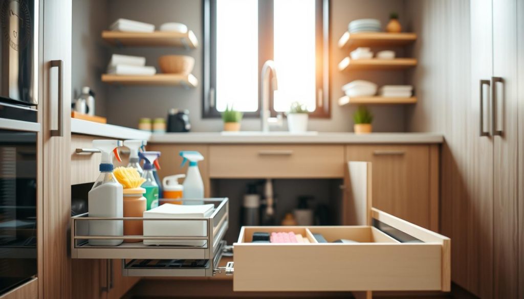 A tidy, well-organized under-sink storage area in a modern kitchen. The foreground features a set of pull-out drawers or shelves, neatly arranged with cleaning supplies, sponges, and other essentials. The middle ground showcases a cabinet with adjustable racks or shelves, allowing for customizable storage solutions. The background blends seamlessly with the kitchen's overall aesthetic, with natural light filtering in through a window, casting a warm, inviting glow. The composition emphasizes efficient use of space, creating a harmonious and functional under-sink organization system.