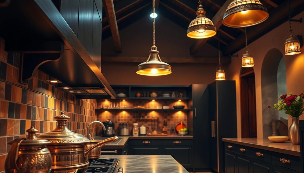 A traditional Indian kitchen with a modern twist, bathed in warm, diffused lighting. The foreground showcases intricate brass or copper cookware, gleaming against a backdrop of richly colored ceramic tiles in earthy hues. Midground features sleek, minimalist cabinetry in dark wood or matte black, accented by carved brass or stone handles. The background reveals high ceilings with exposed wooden beams, complemented by hanging brass or copper lamps casting a soft, ambient glow. The overall atmosphere evokes a harmonious blend of timeless Indian aesthetics and contemporary design sensibilities. A traditional Indian kitchen with a modern twist, bathed in warm, diffused lighting. The foreground showcases intricate brass or copper cookware, gleaming against a backdrop of richly colored ceramic tiles in earthy hues. Midground features sleek, minimalist cabinetry in dark wood or matte black, accented by carved brass or stone handles. The background reveals high ceilings with exposed wooden beams, complemented by hanging brass or copper lamps casting a soft, ambient glow. The overall atmosphere evokes a harmonious blend of timeless Indian aesthetics and contemporary design sensibilities.