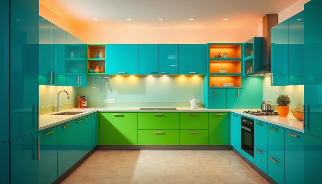 A vibrant kitchen with a bold, modern aesthetic. The cabinets are a harmonious blend of vibrant hues, ranging from a deep azure to a lively emerald green, with subtle variations in tone and texture. The cabinets are constructed with a sleek, minimalist design, featuring clean lines and a glossy finish that reflects the warm, diffused lighting from above. The scene is captured from a slightly elevated angle, allowing the viewer to appreciate the depth and dimension of the cabinets as they recede into the space. The overall atmosphere is one of cheerfulness and energy, perfectly suited to a small kitchen that seeks to make a bold statement and brighten the space.