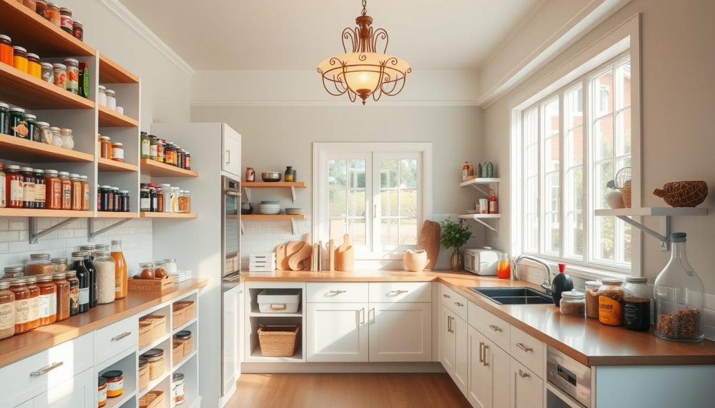A vibrant, well-lit kitchen pantry with an inviting color scheme that opens up the space. In the foreground, an array of colorful jars, spices, and dry goods line the shelves, creating a visually appealing and organized display. The middle ground showcases a mix of natural wood tones and crisp white cabinetry, complemented by a light, airy backsplash that reflects the natural light streaming in from large windows. In the background, the walls are painted in a soft, pastel hue that enhances the sense of openness and airiness, while a decorative light fixture casts a warm, inviting glow over the entire scene. The overall atmosphere is one of warmth, functionality, and a touch of modern elegance. A vibrant, well-lit kitchen pantry with an inviting color scheme that opens up the space. In the foreground, an array of colorful jars, spices, and dry goods line the shelves, creating a visually appealing and organized display. The middle ground showcases a mix of natural wood tones and crisp white cabinetry, complemented by a light, airy backsplash that reflects the natural light streaming in from large windows. In the background, the walls are painted in a soft, pastel hue that enhances the sense of openness and airiness, while a decorative light fixture casts a warm, inviting glow over the entire scene. The overall atmosphere is one of warmth, functionality, and a touch of modern elegance.