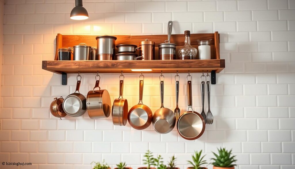 A wall-mounted kitchen storage system featuring a rustic, wooden pot rack with an assortment of copper and stainless steel pots, pans, and utensils arranged neatly. The rack is installed against a bright, white subway-tiled wall, illuminated by warm, overhead lighting that casts a cozy glow. In the foreground, a few small potted herbs or succulents add a touch of natural greenery, while the middle ground showcases the functional yet stylish storage solution. The overall scene exudes a welcoming, farmhouse-inspired ambiance, perfect for a small kitchen in need of efficient, space-saving wall-mounted organization.