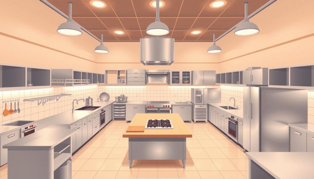A well-designed and functional restaurant kitchen layout, captured in a clean, bright, and detailed illustration. The foreground showcases the key elements: a central island with cutting boards and a range, surrounded by stainless steel countertops, sinks, and prep areas. The middle ground features strategically placed equipment like ovens, dishwashers, and refrigerators, all arranged for optimal workflow. The background reveals the overall spatial organization, with clear pathways, storage, and ventilation systems. The lighting is warm and even, accentuating the professional, organized atmosphere of the modern, high-efficiency kitchen. A well-designed and functional restaurant kitchen layout, captured in a clean, bright, and detailed illustration. The foreground showcases the key elements: a central island with cutting boards and a range, surrounded by stainless steel countertops, sinks, and prep areas. The middle ground features strategically placed equipment like ovens, dishwashers, and refrigerators, all arranged for optimal workflow. The background reveals the overall spatial organization, with clear pathways, storage, and ventilation systems. The lighting is warm and even, accentuating the professional, organized atmosphere of the modern, high-efficiency kitchen.