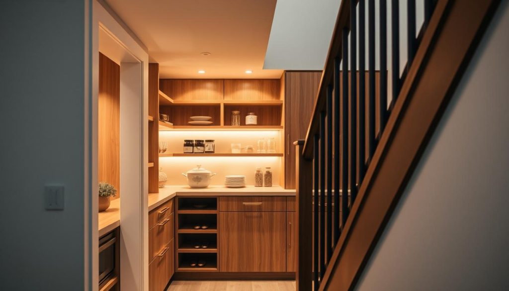 A well-designed under-stair pantry, bathed in warm, soft lighting that casts a cozy glow. The pantry features a blend of open shelving and custom cabinetry, artfully arranged to maximize storage space. Sleek, minimalist hardware complements the natural wood tones, creating a harmonious, elegant aesthetic. The scene is captured from a slightly elevated angle, allowing the viewer to appreciate the intelligent use of the otherwise underutilized area beneath the stairs. The image conveys a sense of efficient organization and practical functionality, perfectly suited to illustrate the "Utilizing Unused Spaces in Your Kitchen" section of the article. A well-designed under-stair pantry, bathed in warm, soft lighting that casts a cozy glow. The pantry features a blend of open shelving and custom cabinetry, artfully arranged to maximize storage space. Sleek, minimalist hardware complements the natural wood tones, creating a harmonious, elegant aesthetic. The scene is captured from a slightly elevated angle, allowing the viewer to appreciate the intelligent use of the otherwise underutilized area beneath the stairs. The image conveys a sense of efficient organization and practical functionality, perfectly suited to illustrate the "Utilizing Unused Spaces in Your Kitchen" section of the article.