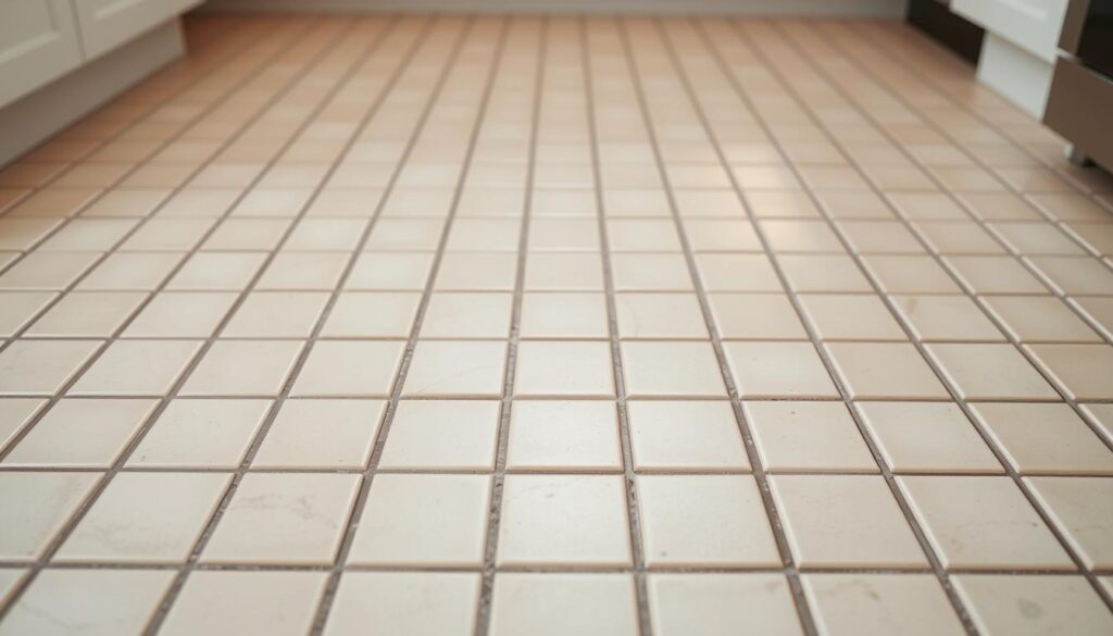 A well-lit, close-up view of a tiled kitchen floor. The tiles are small, square, and arranged in a uniform grid pattern. The tiles have a matte, porcelain-like finish in a soft, neutral color like cream or light gray. The tiles are evenly spaced, with thin grout lines in a complementary shade. The floor is level and flat, with a slight sheen that reflects the overhead lighting. The lighting is natural and diffuse, creating a warm and inviting atmosphere. The camera angle is slightly elevated to showcase the precise, orderly layout of the tiles, emphasizing their small scale and uniform appearance.
