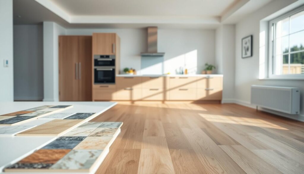 A well-lit, contemporary kitchen interior with a variety of small-scale flooring solutions showcased. The foreground features a range of tile samples in natural stone, ceramic, and porcelain, arranged neatly on a clean, white surface. The middle ground displays a full-scale kitchen floor, covered in a high-quality laminate or engineered wood, creating a seamless and durable surface. The background depicts the kitchen itself, with bright, airy lighting and minimal, modern decor, highlighting the chosen flooring's integration into the overall design. The scene conveys a sense of elegance, practicality, and inspiration for small kitchen spaces.