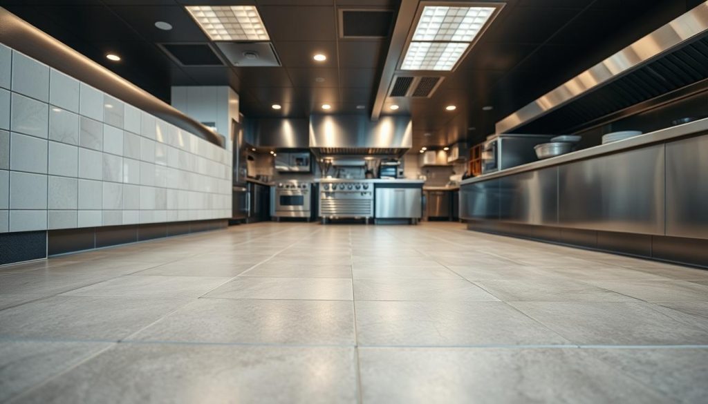 A well-lit kitchen floor in a modern restaurant setting, showcasing a durable, slip-resistant tile surface in a neutral palette, such as muted gray or beige. The tiles are arranged in a clean, geometric pattern, reflecting the sleek and professional atmosphere of the kitchen. The lighting, a combination of recessed ceiling fixtures and task lighting, casts a warm, even glow across the floor, highlighting its smooth and easy-to-clean texture. The overall scene conveys a sense of efficiency, practicality, and attention to detail, perfectly suited for the demands of a busy commercial kitchen. A well-lit kitchen floor in a modern restaurant setting, showcasing a durable, slip-resistant tile surface in a neutral palette, such as muted gray or beige. The tiles are arranged in a clean, geometric pattern, reflecting the sleek and professional atmosphere of the kitchen. The lighting, a combination of recessed ceiling fixtures and task lighting, casts a warm, even glow across the floor, highlighting its smooth and easy-to-clean texture. The overall scene conveys a sense of efficiency, practicality, and attention to detail, perfectly suited for the demands of a busy commercial kitchen.