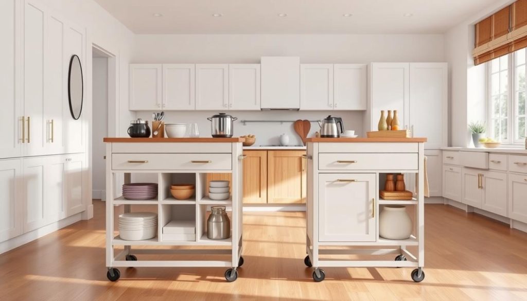 A well-lit kitchen with a pair of sleek, mobile kitchen carts in the foreground. The carts feature ample shelving, drawers, and a sturdy wooden top, perfect for storing and transporting small appliances, utensils, and ingredients. The middle ground showcases a modern, minimalist kitchen with white cabinets and countertops, complemented by warm wooden accents. In the background, a large window floods the space with natural light, creating a bright and airy atmosphere. The scene conveys a sense of organization, efficiency, and the versatility of these compact, easy-to-move kitchen helpers.