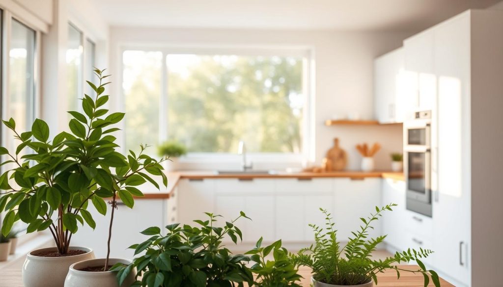 A well-lit, minimalist kitchen with clean lines and a neutral color palette. In the foreground, a collection of lush, verdant plants in simple ceramic pots add a touch of nature. The middle ground features sleek, white cabinets and a simple, wooden countertop. The background showcases large windows that flood the space with warm, natural light, blurring the boundary between the indoor and outdoor spaces. The overall atmosphere is serene, inviting, and harmonious, creating a calming, nature-inspired oasis within the heart of the home. A well-lit, minimalist kitchen with clean lines and a neutral color palette. In the foreground, a collection of lush, verdant plants in simple ceramic pots add a touch of nature. The middle ground features sleek, white cabinets and a simple, wooden countertop. The background showcases large windows that flood the space with warm, natural light, blurring the boundary between the indoor and outdoor spaces. The overall atmosphere is serene, inviting, and harmonious, creating a calming, nature-inspired oasis within the heart of the home.