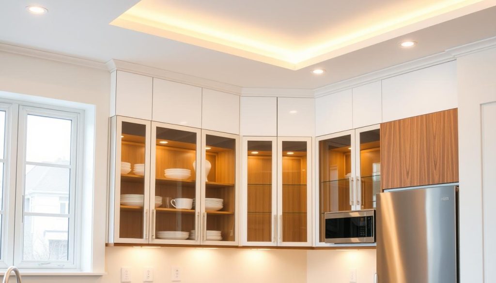 A well-lit, modern kitchen interior with a focal point on a set of stylish corner cabinets. The cabinets have a sleek, minimalist design with a mix of glass and wood panels, providing both storage and display space. The cabinets are positioned at a 45-degree angle, maximizing the use of the corner space. Warm, indirect lighting from recessed ceiling fixtures and under-cabinet lights creates a cozy, inviting atmosphere. The kitchen features a neutral color palette, with white walls, light wood floors, and stainless steel appliances, allowing the corner cabinets to be the star of the scene.