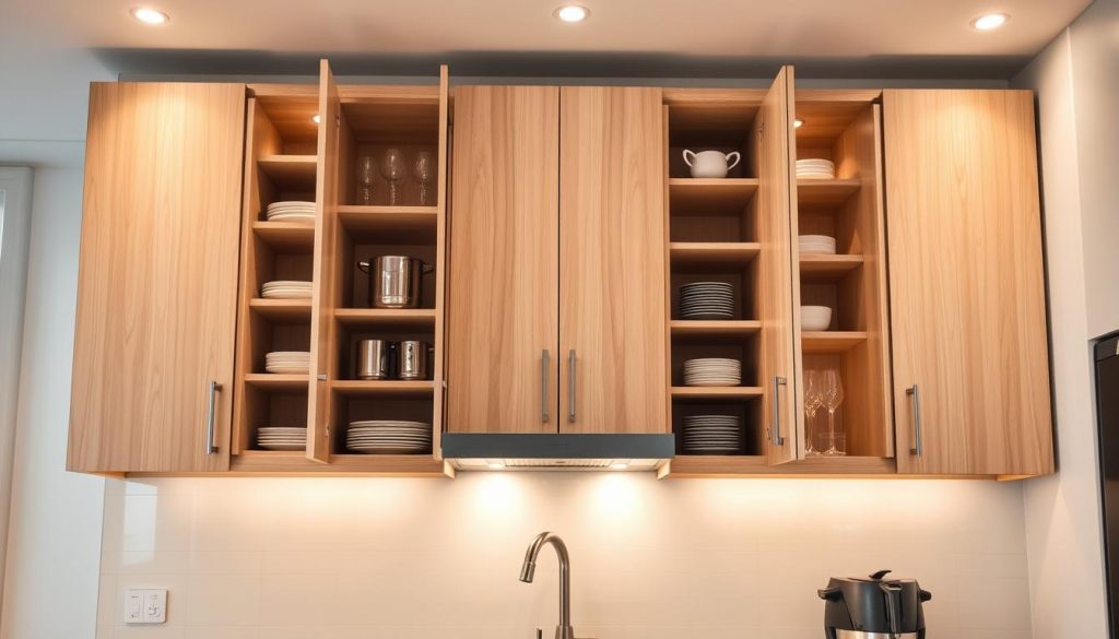 A well-lit, modern kitchen with sleek, multi-functional upper cabinets. The cabinets feature a mix of open shelving, hidden compartments, and hinged doors, allowing for efficient storage and display of kitchenware. Soft, even lighting illuminates the cabinet interiors, creating a warm and inviting atmosphere. The cabinets are made of a durable, light-colored wood, complementing the neutral tones of the kitchen. A minimalist backsplash and clean-lined countertops accentuate the cabinets' functional design. The overall composition showcases the versatility and thoughtful organization of these multi-purpose upper cabinets.