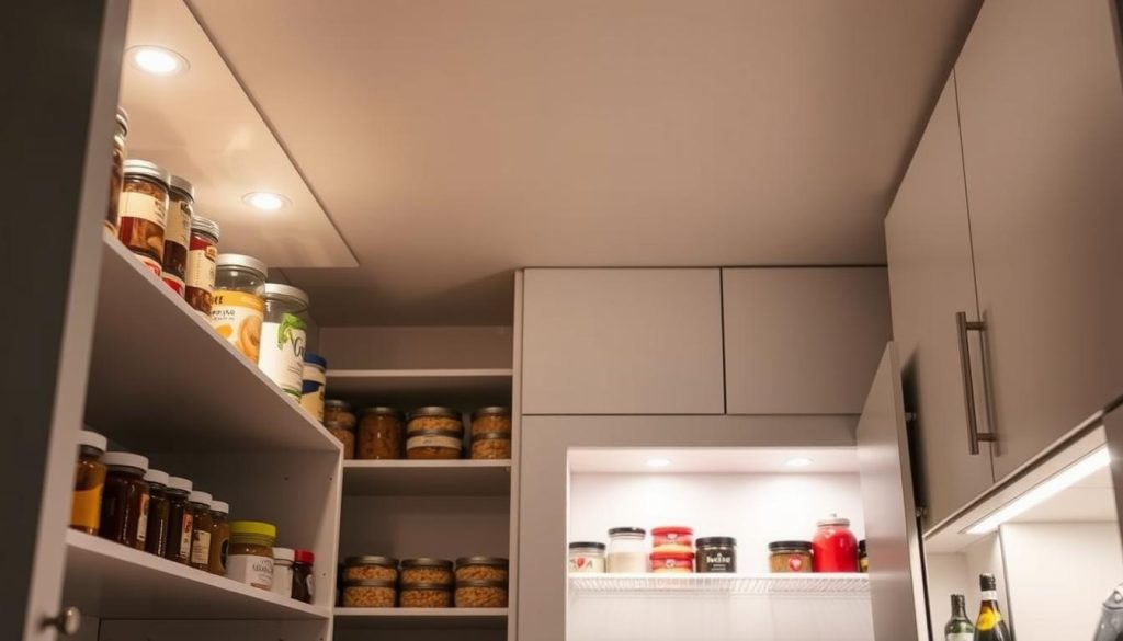 A well-lit, organized pantry with a variety of space-saving lighting solutions. Recessed LED spotlights illuminate shelves, casting a warm glow on neatly arranged jars, cans, and dried goods. Slender under-cabinet strip lights provide task lighting, illuminating the workspaces. Subtle motion-activated lights turn on as the pantry door opens, enhancing functionality. Minimalist, brushed metal fixtures complement the modern, minimalist aesthetic. The pantry's interior is captured from a slightly low angle, emphasizing the efficient, streamlined design.