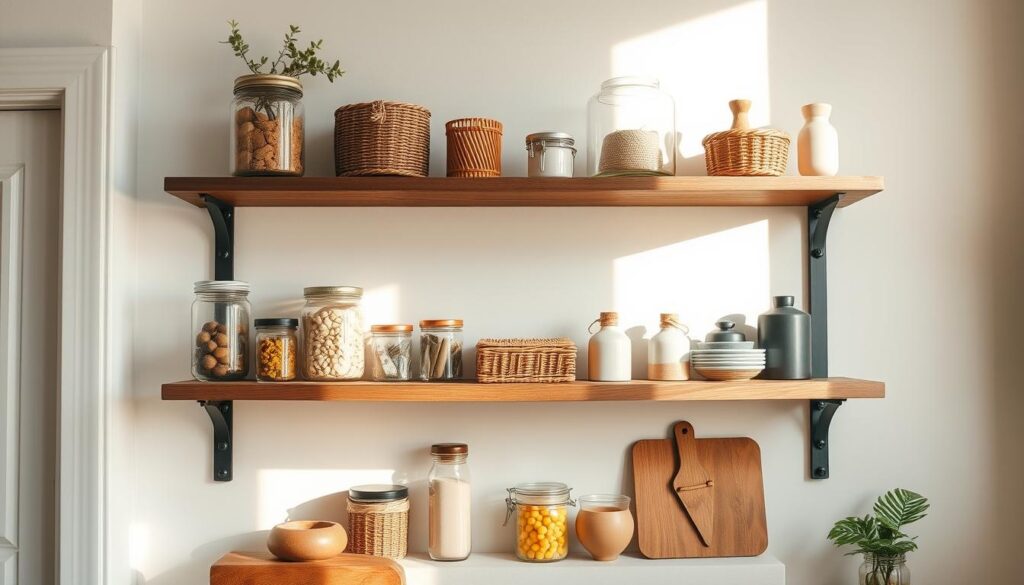 A well-organized DIY kitchen shelf against a bright, clean backdrop. The shelf features a mix of practical storage solutions - jars, baskets, and decorative accessories neatly arranged. Soft, natural lighting casts a warm glow, accentuating the rustic, minimalist aesthetic. The composition emphasizes vertical space, with the shelf spanning the full height of the frame. The overall scene conveys a sense of order, efficiency, and a touch of personal style, ideal for a small kitchen space.